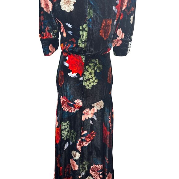 NWT Cara Cara 4 Floral Velvet Midi Dress Rhinestone Buttons V-Neck Puff Sleeves - Picture 8 of 16